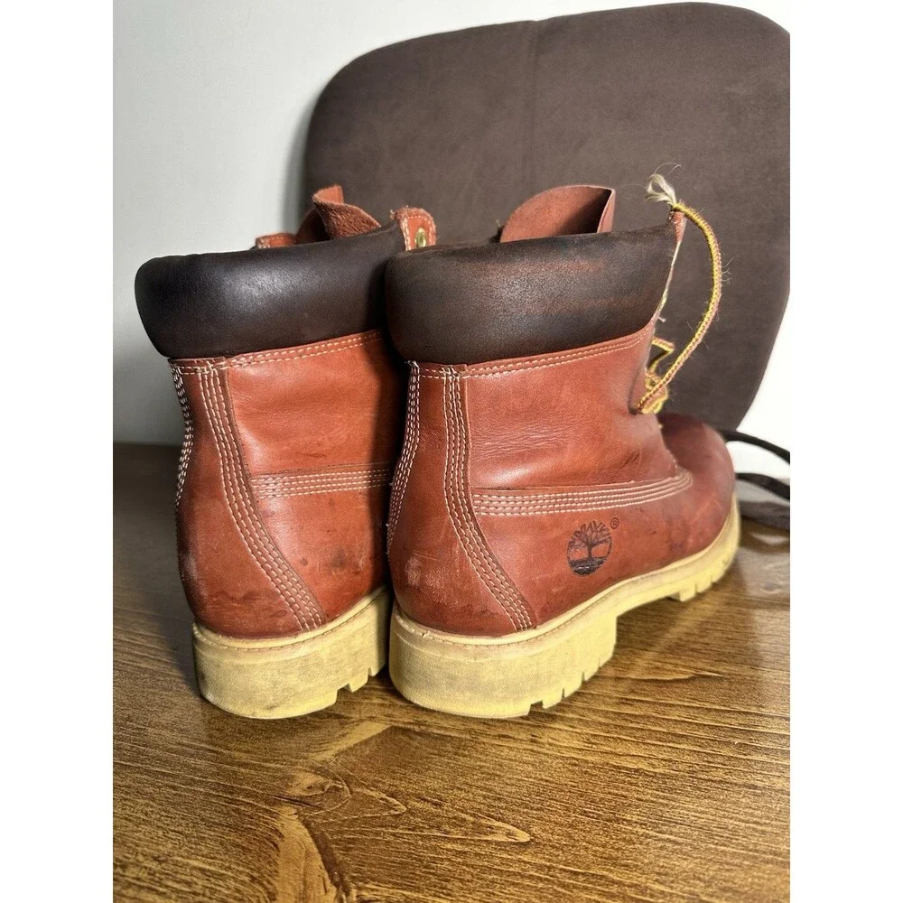 90s Vintage Timberland Men's Brick Red Brown Leather Waterproof Boots US 10.5